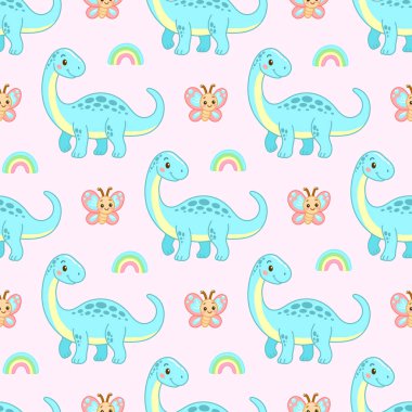 Neşeli mavi dinozorlar, yumuşak pembe arka planda rengarenk gökkuşakları, çocuk ürünleri, duvar kağıtları ve şirin el sanatları için mükemmel kusursuz desenler.
