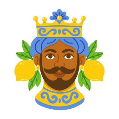 Sicilya seramik erkek kafasının taç, mavi türban, limon ve yeşil yapraklı vektör çizimi Akdeniz halk sanatı ve geleneksel Fas seramik etkilerini yansıtıyor.
