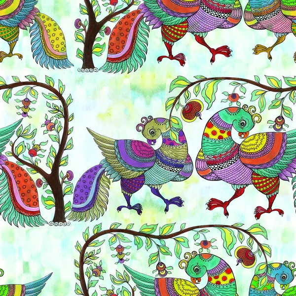 Naadloos Patroon Vogels Bomen Zijn Oosterse Motieven Indiaanse Etnische Patronen — Stockfoto