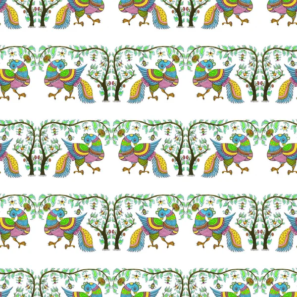 Kusursuz Desen Kuşlar Ağaçlar Doğu Motifleridir Hint Etnik Kalıpları Suluboya — Stok fotoğraf