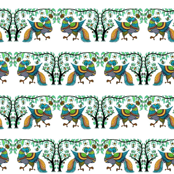 Płynny Wzór Ptaki Drzewa Motywy Orientalne Indyjskie Wzorce Etniczne Akwarela — Zdjęcie stockowe