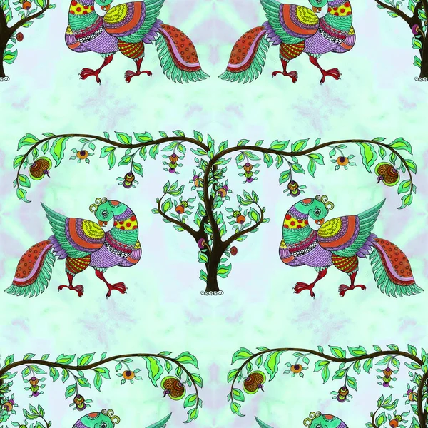 Nahtloses Muster Vögel Und Bäume Sind Orientalische Motive Indische Ethnische — Stockfoto