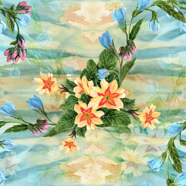 Virágminta Akvarell Háttér Kép Tavaszi Virágok Összetétele Zökkenőmentes Minta Nyomtatott — Stock Fotó