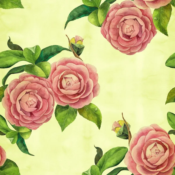 グラフィックアート 印刷物 オブジェクト サイト ポスター はがき 包装を使用してください 椿の花 葉を持つ枝 シームレスな背景 — ストック写真