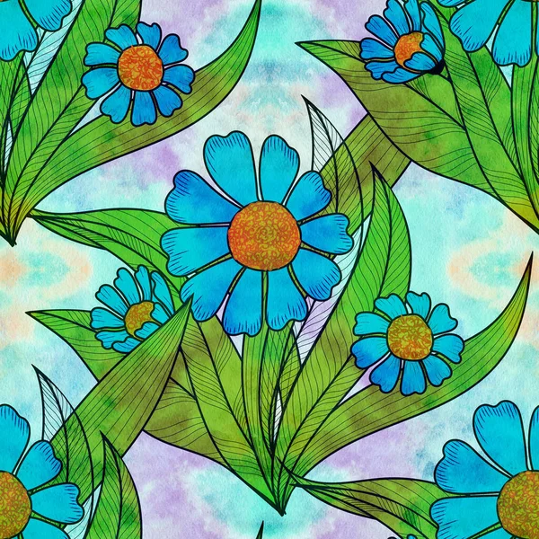 Çiçek Suluboya Arka Planda Dekoratif Kompozisyon Çiçek Motifleri Kusursuz Desen — Stok fotoğraf