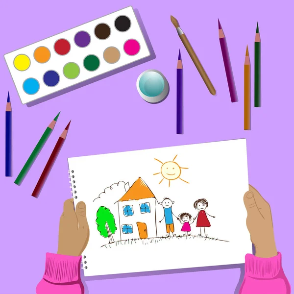 Rysunek Wektorowy Ręce Rysunku Dziecka Przy Stole Ilustracja Kolorów Rysunek — Wektor stockowy