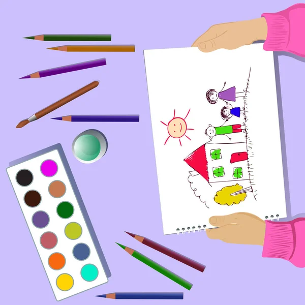 Векторный Рисунок Руки Ребенка Рисующего Столом Цветная Иллюстрация Детский Рисунок — стоковый вектор