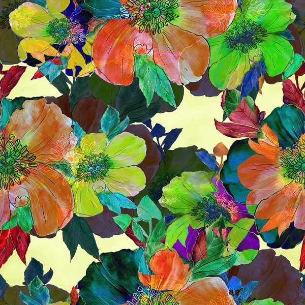 Çiçeksiz Desen Şakayık Çiçekleri Çiçekli Suluboya Arka Plan Çiçek Yaprak — Stok fotoğraf