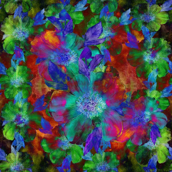 Blommigt Sömlöst Mönster Pioner Blommor Blommig Akvarell Bakgrund Kollage Blommor — Stockfoto
