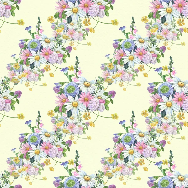 Nahtloses Muster Kamille Und Verschiedene Wildblumen Eine Dekorative Komposition Aquarell — Stockfoto