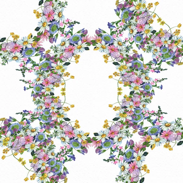Naadloos Patroon Kamille Diverse Wilde Bloemen Een Decoratieve Compositie Aquarelillustratie — Stockfoto