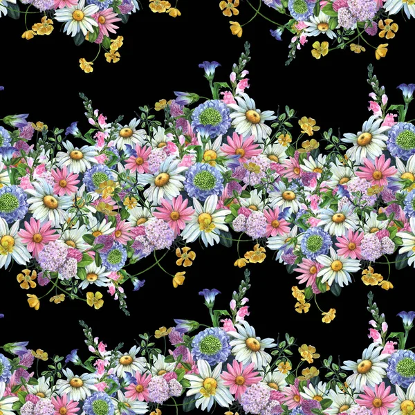无缝图案 菊花和各种野花 一种装饰构图 水彩画 装饰构图 使用印刷品 — 图库照片