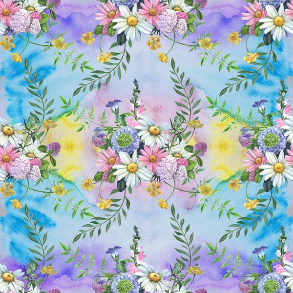 Seamless Pattern Chamomile Various Wildflowers Decorative Composition Watercolor Illustration Decorative — Stock Photo, Image