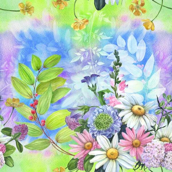 Sömlöst Mönster Kamomill Och Olika Vilda Blommor Dekorativ Komposition Akvarell — Stockfoto