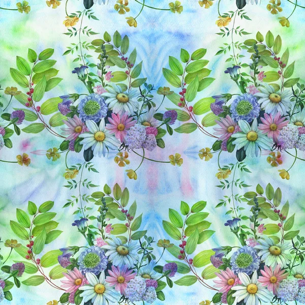 Kusursuz Desen Papatya Çayı Çeşitli Kır Çiçekleri Dekoratif Bir Kompozisyon — Stok fotoğraf