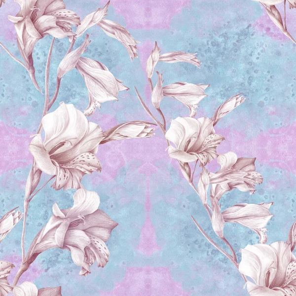 Branch with flowers - Gladiolus. Abstract wallpaper with floral motifs. Seamless pattern. Wallpaper. Use printed materials, signs, posters, postcards, packaging.
