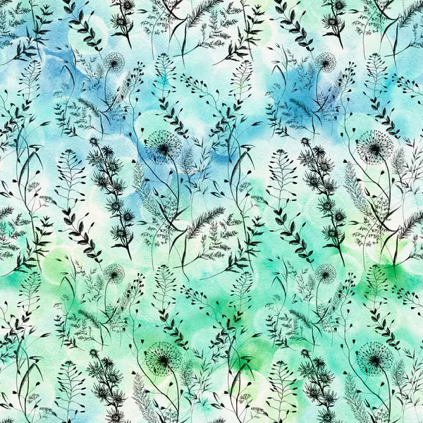 Bloemenpatroon Wilde Bloemen Kruiden Naadloos Patroon Decoratieve Compositie Een Aquarelachtergrond — Stockfoto