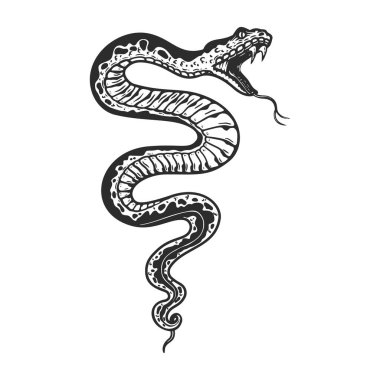 İşleme tarzında zehirli yılan tasviri. Logo, etiket, amblem, işaret, rozet tasarımı. Vektör illüstrasyonu