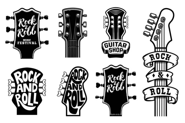 Conjunto Guitarras Rock Roll Cuellos Cabezas Con Letras Elemento Diseño — Vector de stock