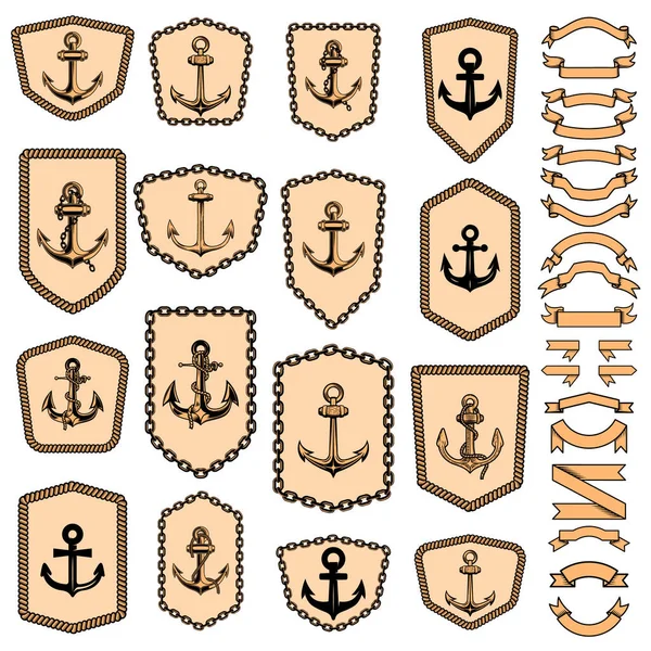 Set Nautical Emblems Anchors Design Element Logo Label Sign Badge — Stock Vector
