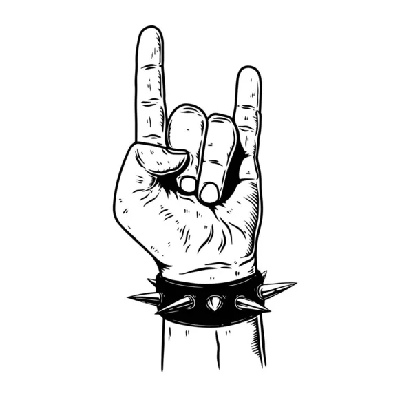 Винтажная Монохромная Иллюстрация Руки Знаком Рок Ролла Элемент Дизайна Логотипа — стоковый вектор