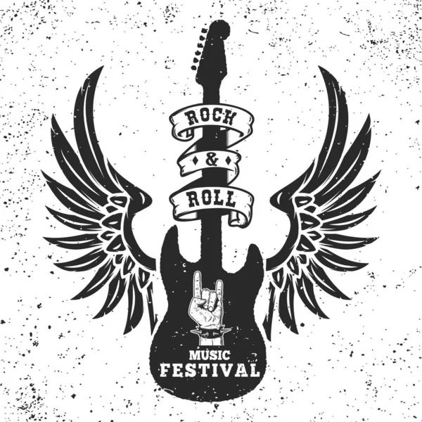 Šablona Plakátu Rock Roll Festivalu Okřídlená Kytara Pozadí Grunge Design — Stockový vektor
