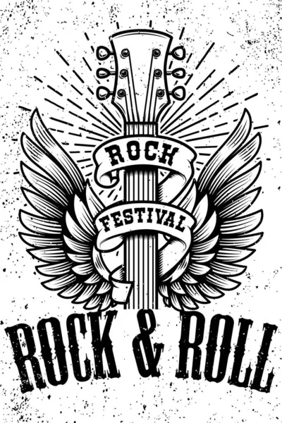 Templat Poster Rock Roll Winged Gitar Pada Latar Belakang Grunge - Stok Vektor