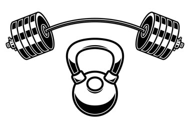 İşleme tarzında halter ve kettlebell tasviri. Logo, amblem, işaret, poster, kart, pankart için tasarım elemanı. Vektör illüstrasyonu