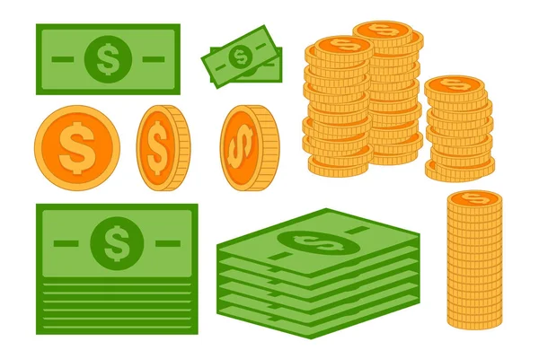 Bozuk Paraların Kağıt Para Birimlerinin Düz Bir Şekilde Çizimi Logo — Stok Vektör