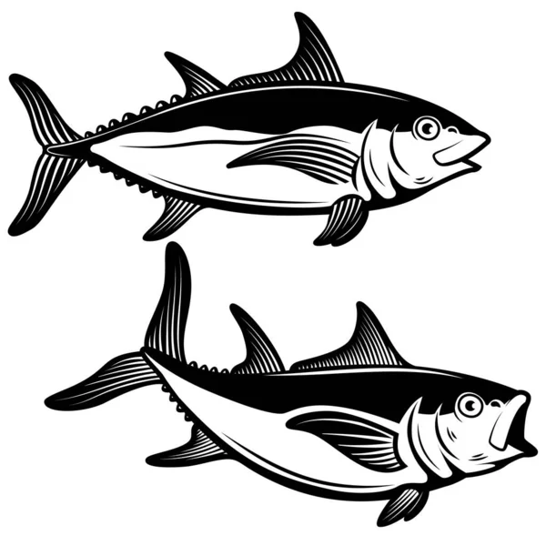 Şleme Tarzında Ton Balığı Tasvirleri Poster Kart Afiş Logo Etiket — Stok Vektör