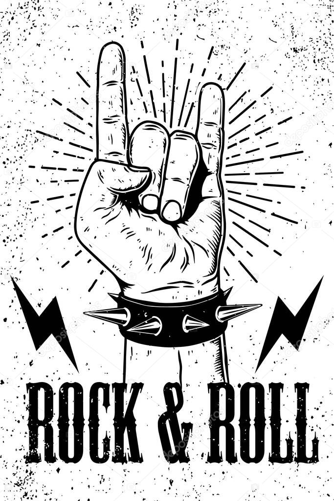 Rock and roll poster template. hand with rock and roll sign on grunge background. Design element for logo, emblem, card,banner, t-shirt. Vector illustration