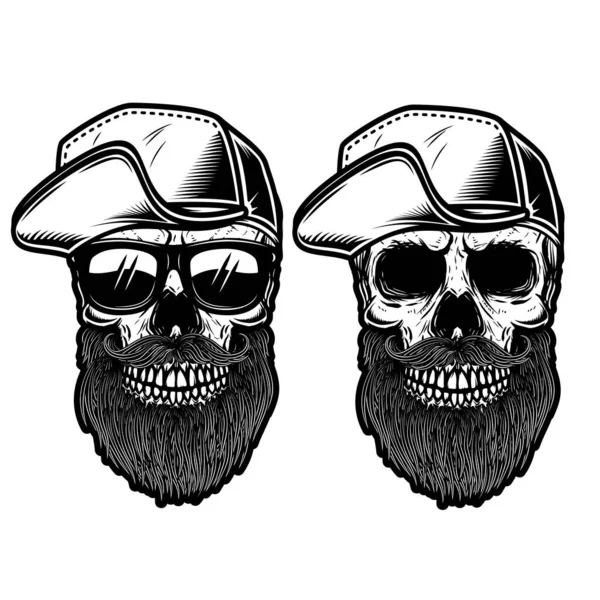 Ilustración Cráneo Barbudo Gorra Béisbol Estilo Grabado Elemento Diseño Para — Archivo Imágenes Vectoriales