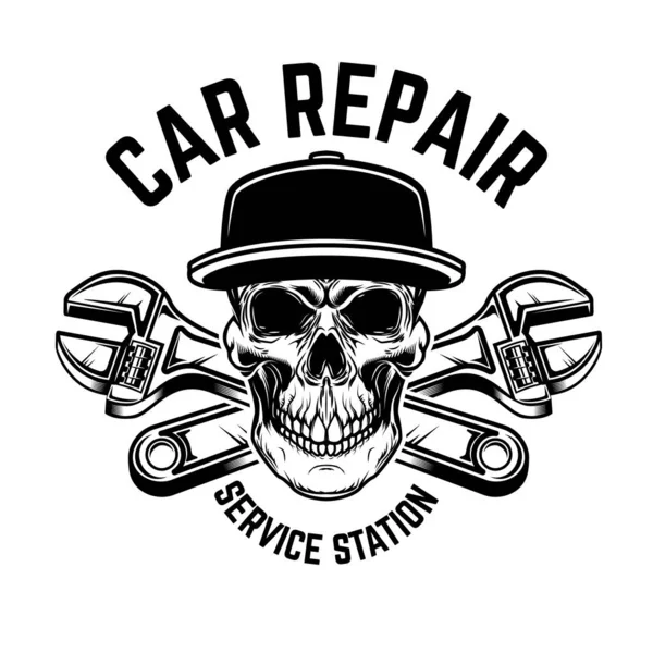 Reparação Carros Estação Serviço Modelo Emblema Com Crânio Chaves Cruzadas — Vetor de Stock