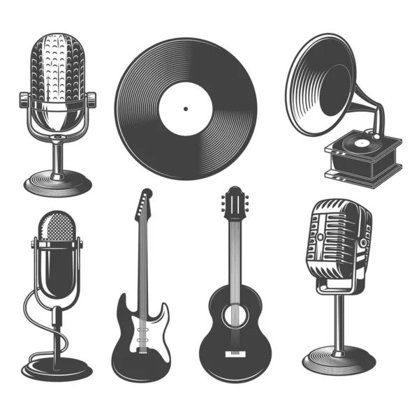 Набір Ілюстрацій Ретро Мікрофона Гітари Грамофон Елемент Дизайну Логотипу Етикетки — стоковий вектор