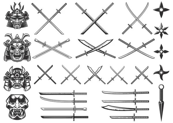 Serie Illustrazioni Arma Samurai Ninja Elemento Design Logo Etichetta Cartello — Vettoriale Stock