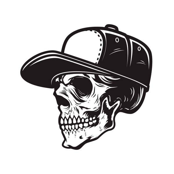 Illustration of skull in baseball cap in engraving style. Design element for logo, emblem, sign, poster, card, banner. Vector illustration