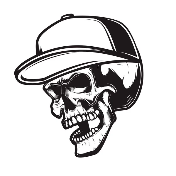 Beyzbol Şapkalı Kafatasının Gravür Tarzında Bir Tasviri Logo Amblem Işaret — Stok Vektör