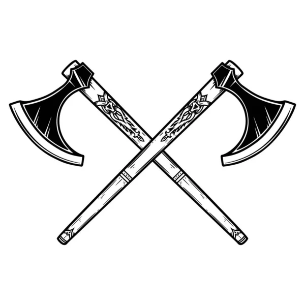Ilustración Dos Hachas Vikingas Cruzadas Estilo Grabado Elemento Diseño Para — Vector de stock