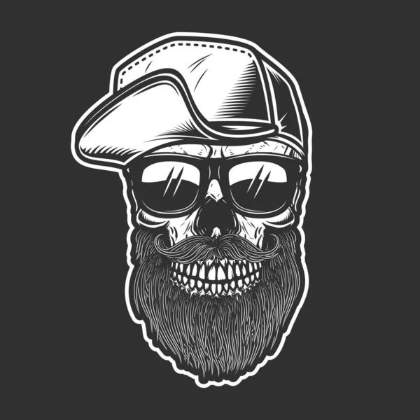 Beyzbol Şapkalı Sakallı Kafatası Tasviri Logo Amblem Işaret Poster Kart — Stok Vektör