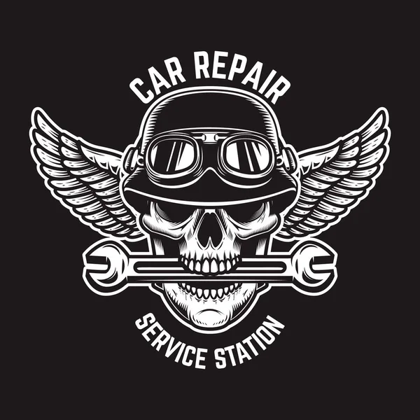 Réparation Automobile Crâne Casque Ailé Avec Clé Dents Élément Design — Image vectorielle