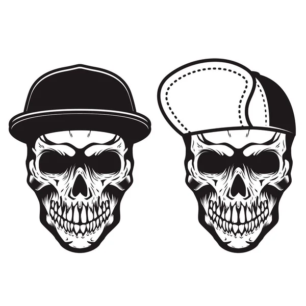 Set Illustration Skulls Baseball Caps Monochrome Style Design Element Logo — Stock Vector