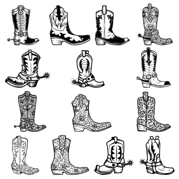 Set Illustration Cowboy Boots Vintage Monochrome Style Design Element Logo — Stock Vector