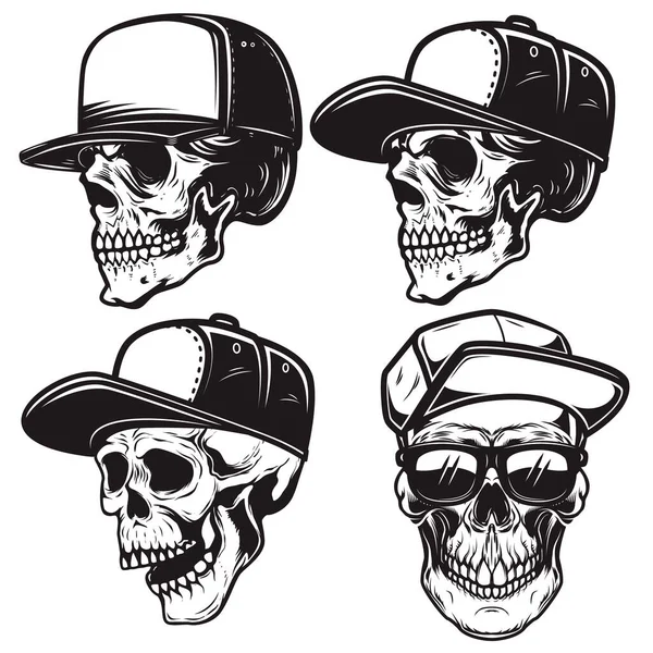 Set Ilustraciones Cráneo Gorra Béisbol Estilo Monocromo Elemento Diseño Para — Archivo Imágenes Vectoriales