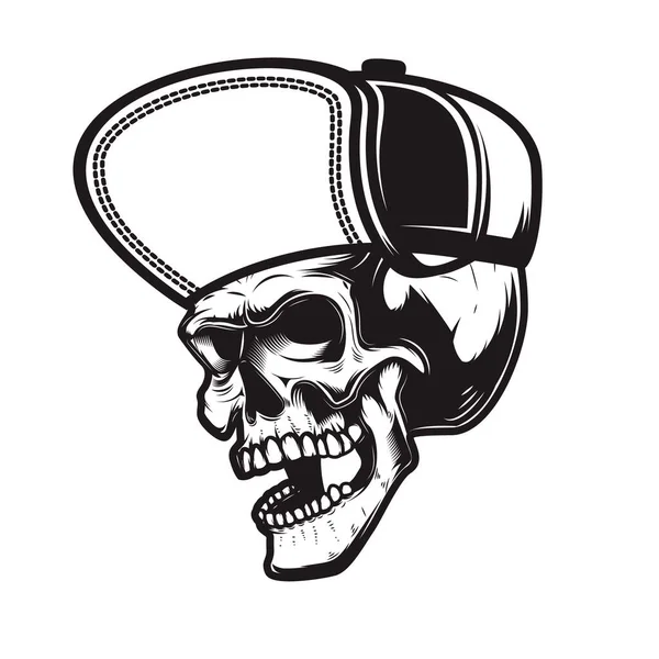 モノクロームで野球帽の頭蓋骨のイラスト エンブレム サイン ポスター カード バナーのデザイン要素 ベクターイラスト — ストックベクタ