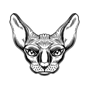 Sphynx kedi cinsinin klasik monokrom tarzında resmedilmiş hali. Logo, amblem, işaret, poster, kart, pankart için tasarım elemanı. Vektör illüstrasyonu
