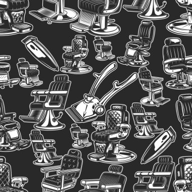 Berber dükkanı tasarım elementleriyle tek renk tarzında kusursuz desen. Poster, kart ve afiş için tasarım elemanı. Vektör illüstrasyonu