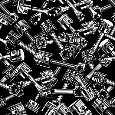 Otomobil pistonları monokrom tarzında kusursuz desenli. Poster, kart ve afiş için tasarım elemanı. Vektör illüstrasyonu