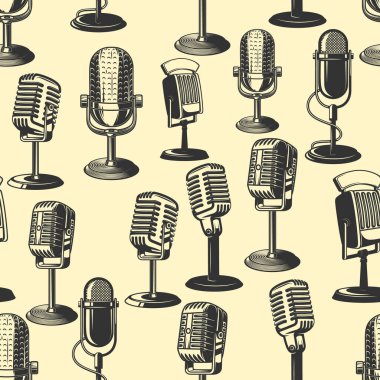 Tek renkli retro mikrofonlu pürüzsüz desen. Poster, kart ve afiş için tasarım elemanı. Vektör illüstrasyonu