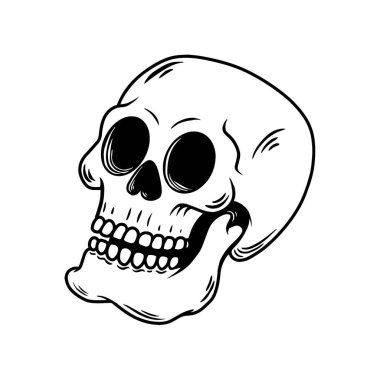 Elle çizilmiş kafatası tasviri. Logo, amblem, işaret, poster, kart, pankart için tasarım elemanı. Vektör illüstrasyonu