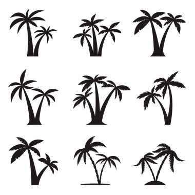 Beyaz arkaplanda izole edilmiş palmiye ağaçlarının simgeleri. Logo, etiket, amblem, işaret için tasarım elemanları. Vektör illüstrasyonu.